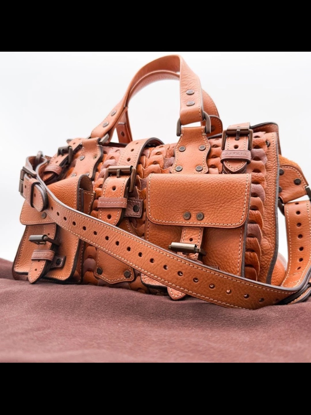 Mulberry Tan Leather Buckle-Front Braided Satchel - Picture 3 of 12
